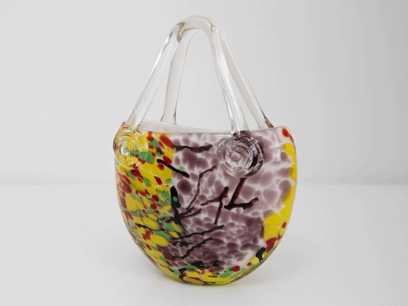 Murano Italian Art Glass Handbag Vase – Yellow, Purple, Red, Green Mid Century Decor photo for sale