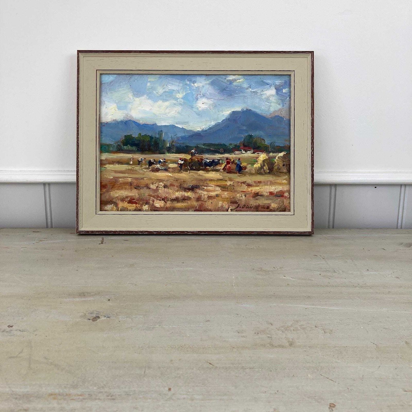 Harvest Time   Small Original Vintage Spanish Oil Painting Of A Golden Landscape