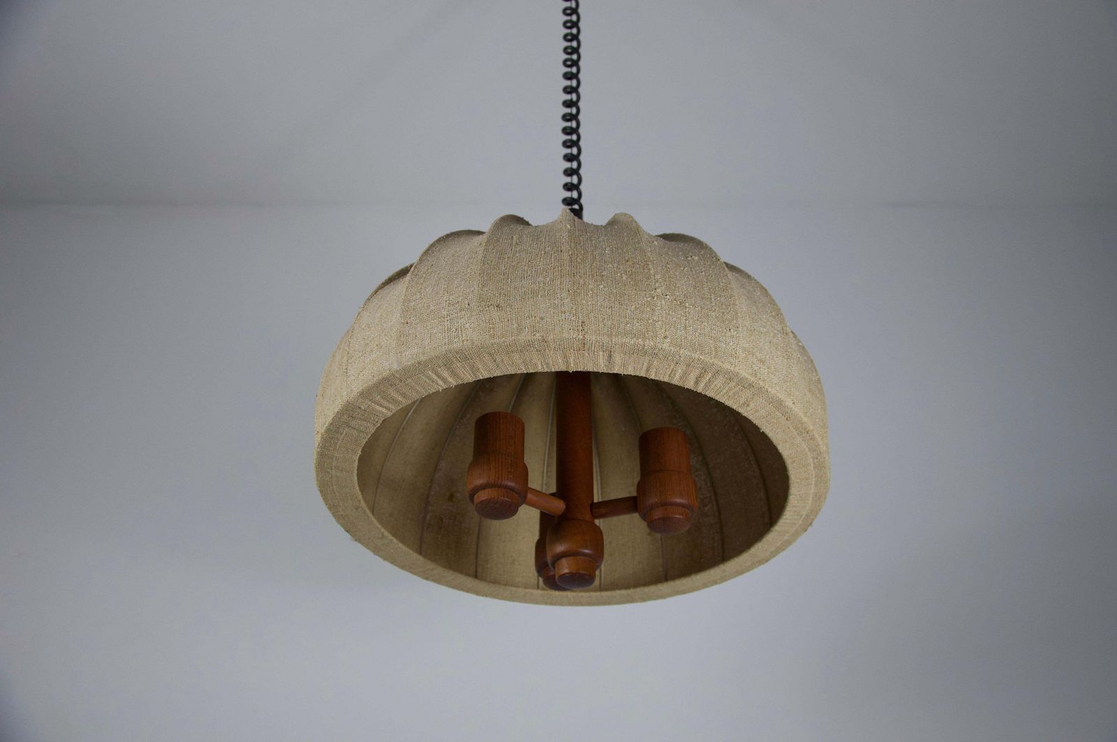 Adjustable Wood And Fabric Shade Pendant Lamp By Domus, 1960s photo vintage