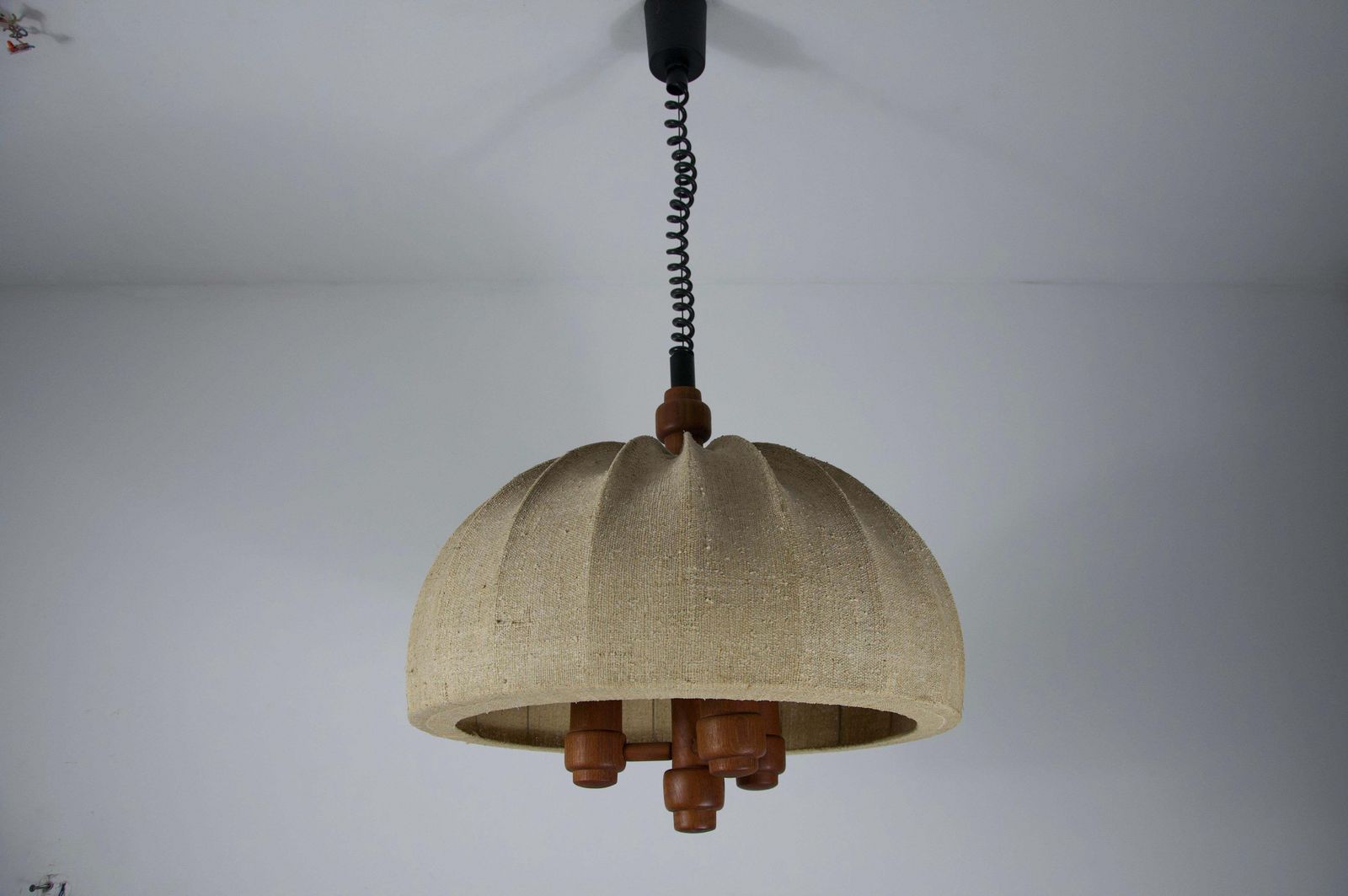 photo for sale Adjustable Wood And Fabric Shade Pendant Lamp By Domus, 1960s