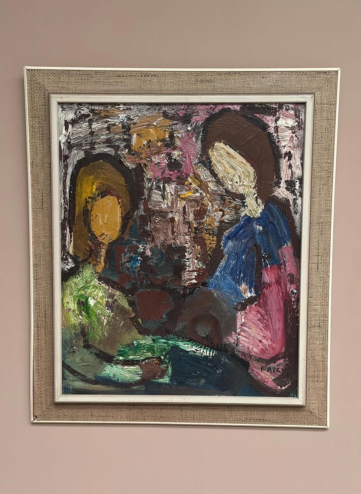 445.0 Original Swedish Oil On Canvas – “Girls In Interior” By Gösta Falck – Vintage | Framed 75 × 64 Cm (Approx. 30" × 25") photo