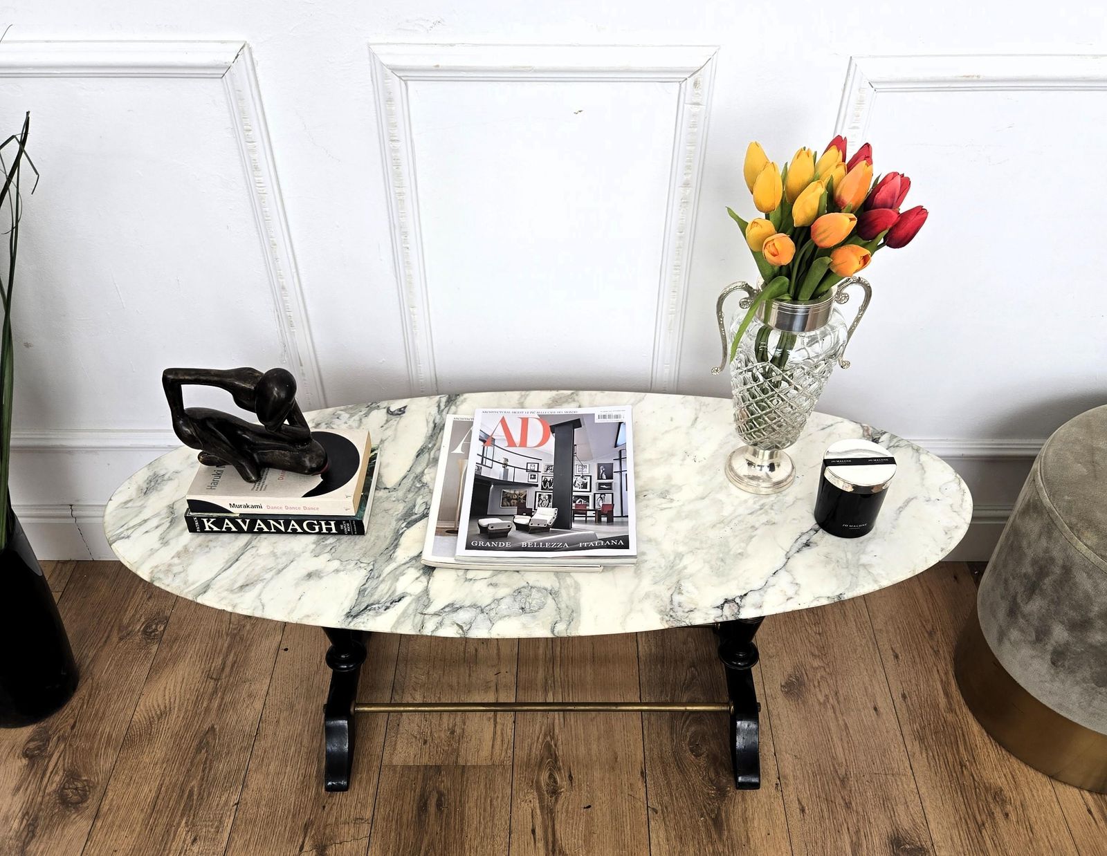 Mid Century Italian Carved Walnut Side Coffee Table With Oval White Marble Top photo for sale