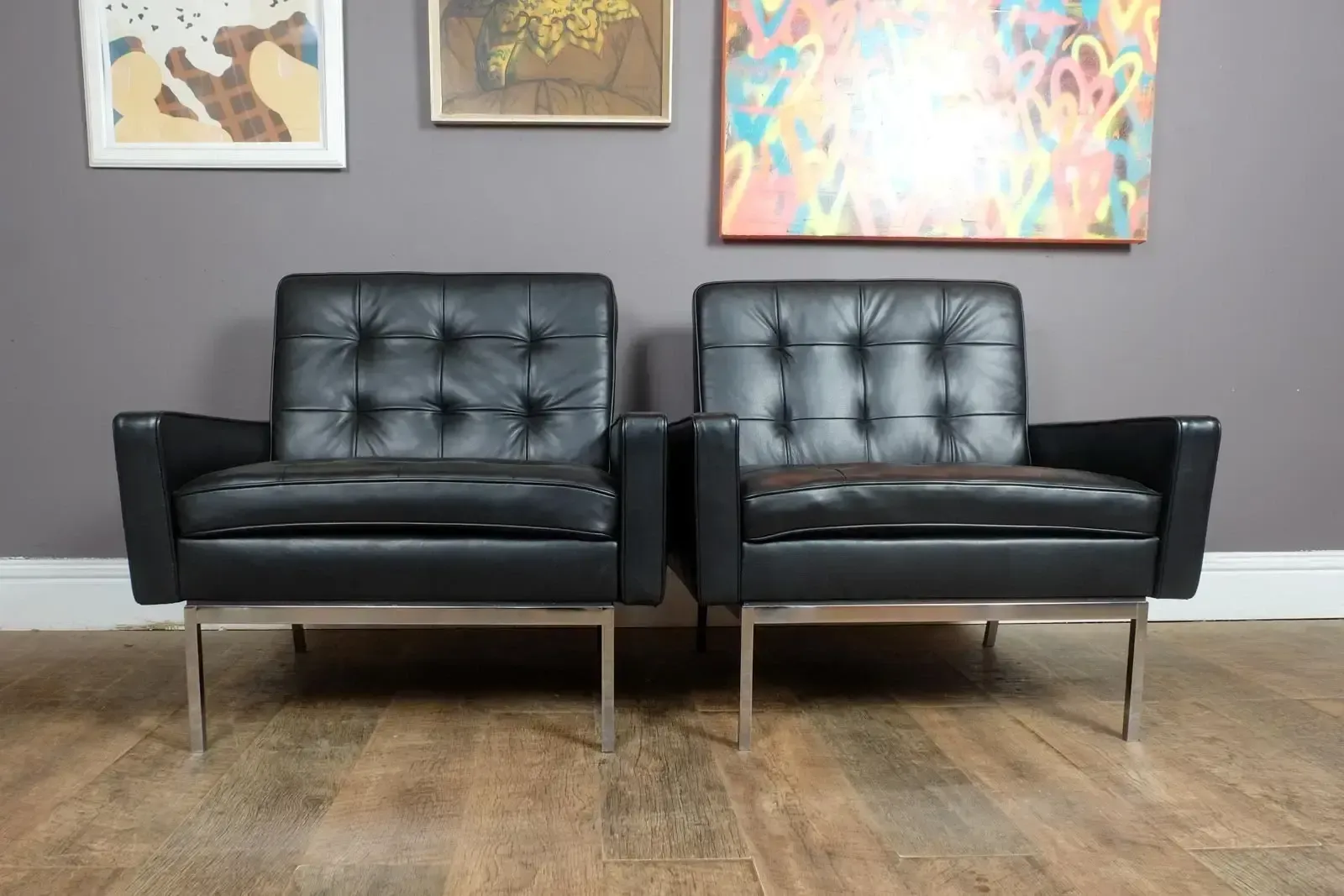 Pair Of Florence Knoll Black Leather Lounge Chairs Model 65a
