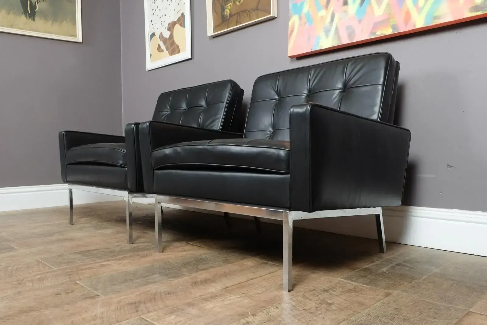 Pair Of Florence Knoll Black Leather Lounge Chairs Model 65a photo furniture