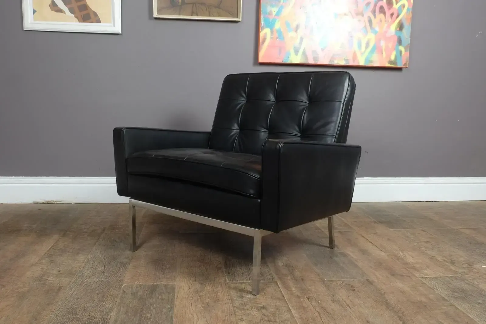 Furniture Pair Of Florence Knoll Black Leather Lounge Chairs Model 65a photo