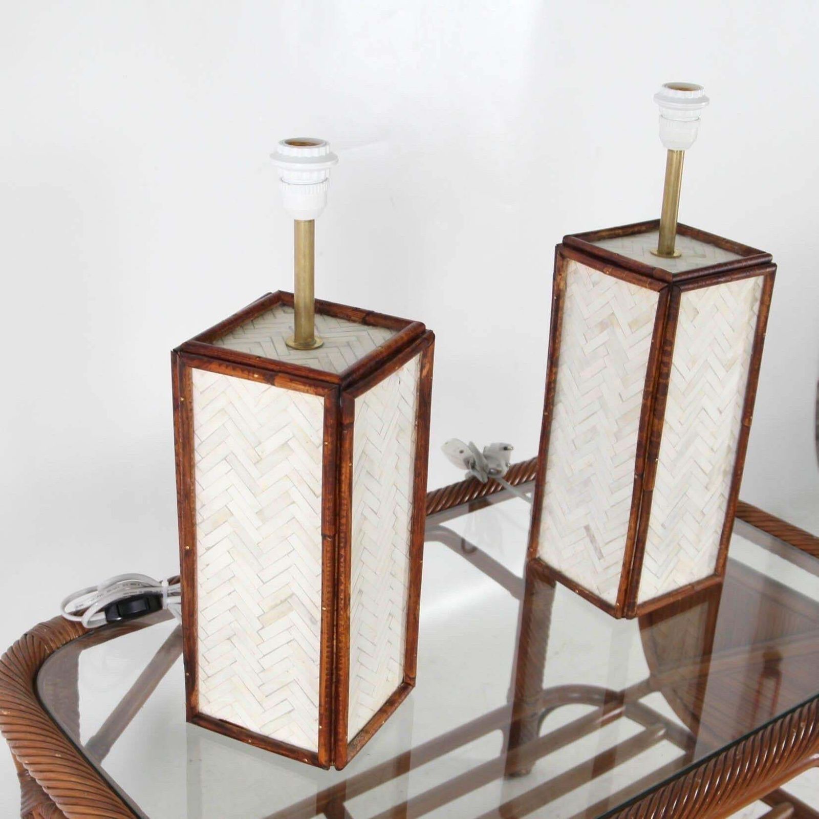 Pair Of Bones Marquetry And Rattan Lamps photo Lighting