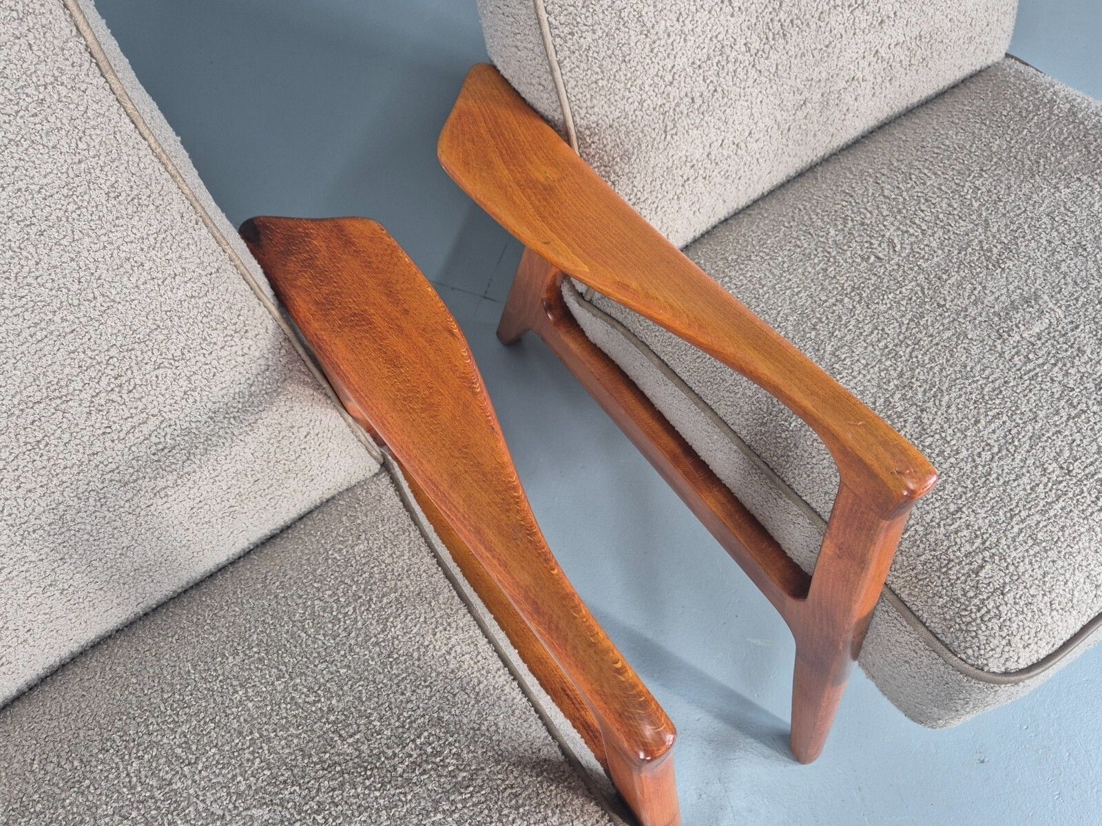photo vintage 2 Vintage Mid Century Lounge Chairs Teak Frames New Upholstery
