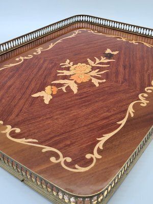 Large Neoclassical Hollywood Regency Inlaid Wooden Tray With Brass Gallery, 1960s 1970s photo Home Decor