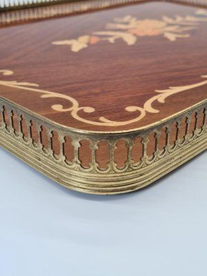 photo for sale Large Neoclassical Hollywood Regency Inlaid Wooden Tray With Brass Gallery, 1960s 1970s