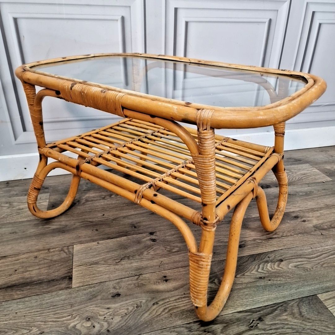 Retro Vintage Coffee Table Mid Century Bamboo & Rattan   Glass Top – Boho Style