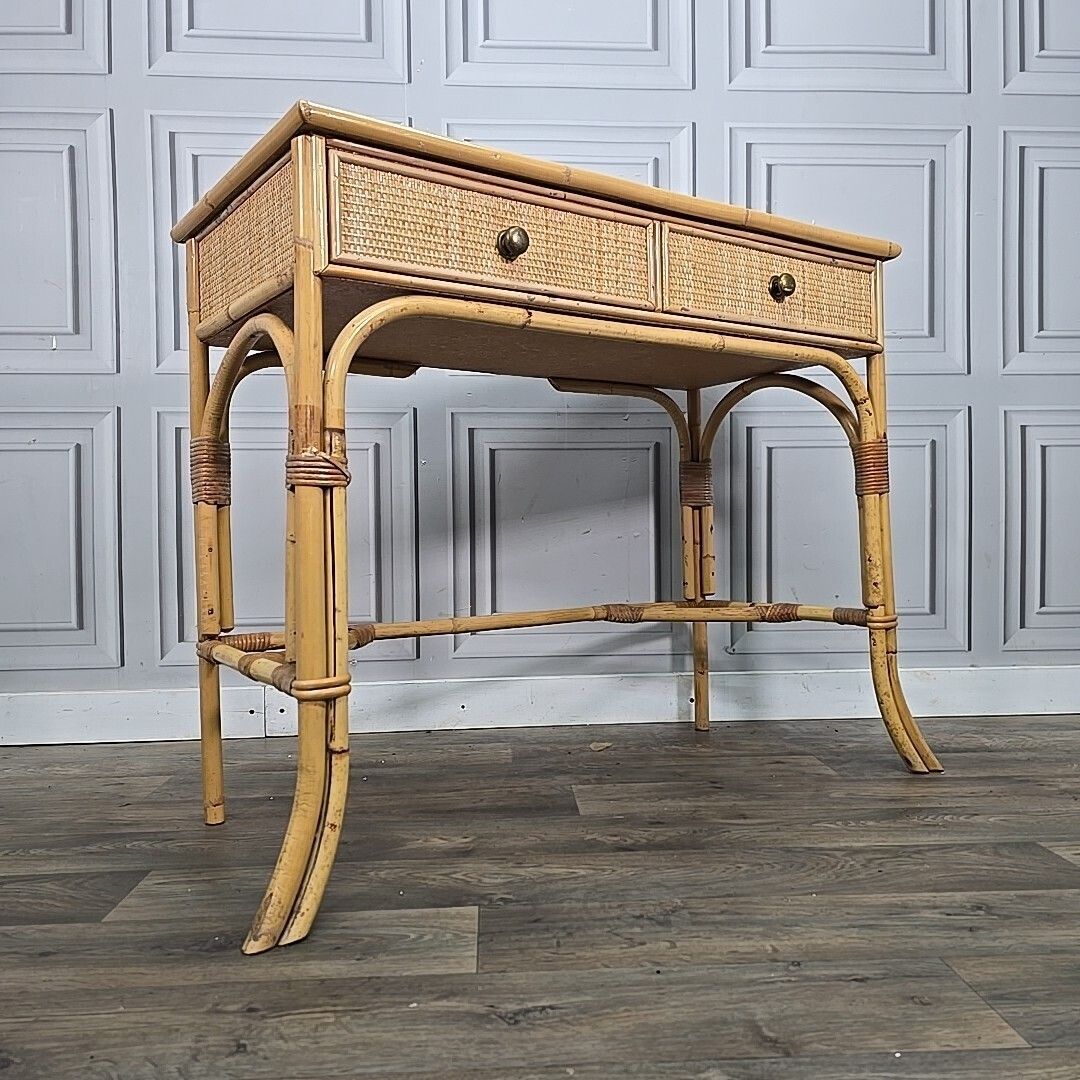 Vintage Bamboo Dressing Table Rattan Framed Wicker Panelled Writing Desk Retro photo for sale