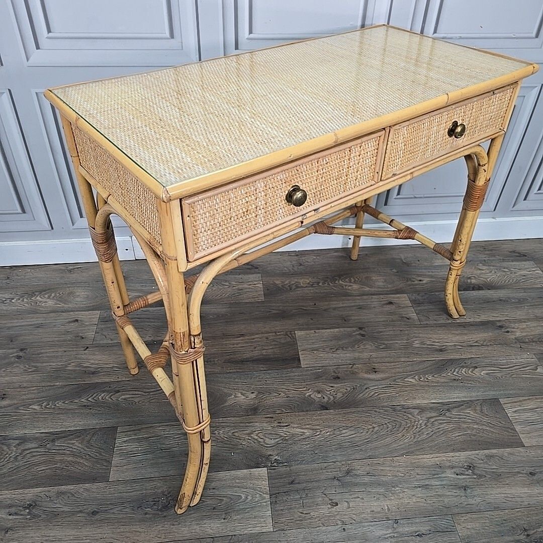 Vintage Bamboo Dressing Table Rattan Framed Wicker Panelled Writing Desk Retro photo Furniture