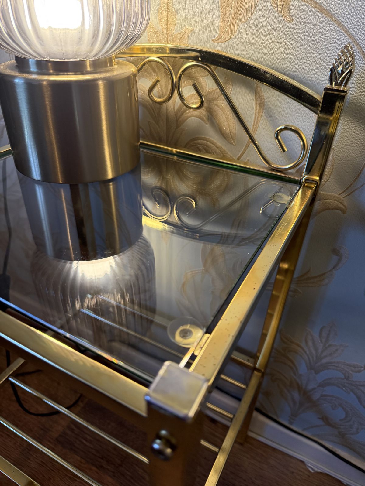 Pair Of Vintage Seetall Regency Gold Coloured Chrome & Glass Nightstands photo furniture