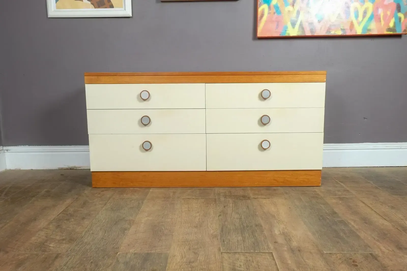 Vintage Retro Mid Century Teak White Fronted Chest Of Drawers By Stag photo furniture