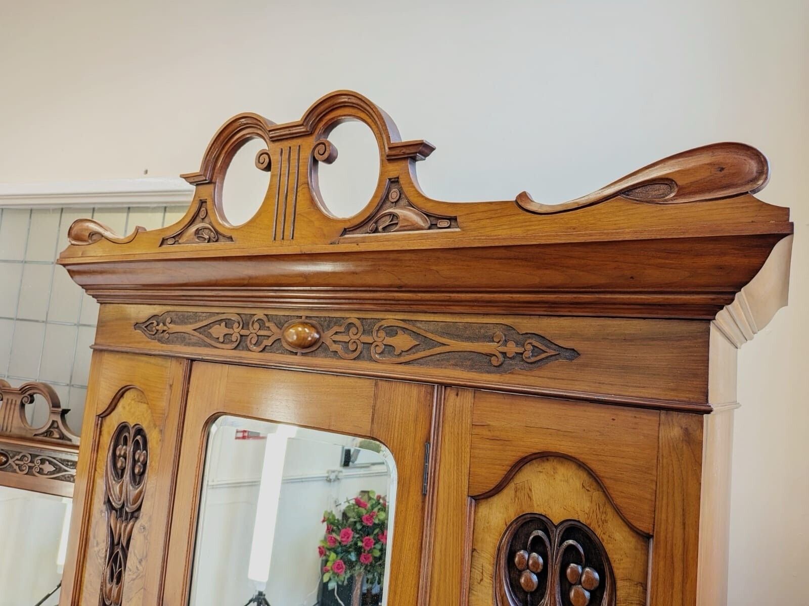 Elegant Edwardian Walnut & Burr Walnut Carved Wardrobe And Chest photo Furniture