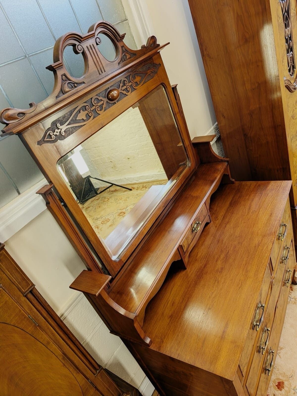 Elegant Edwardian Walnut & Burr Walnut Carved Wardrobe And Chest photo vinterior