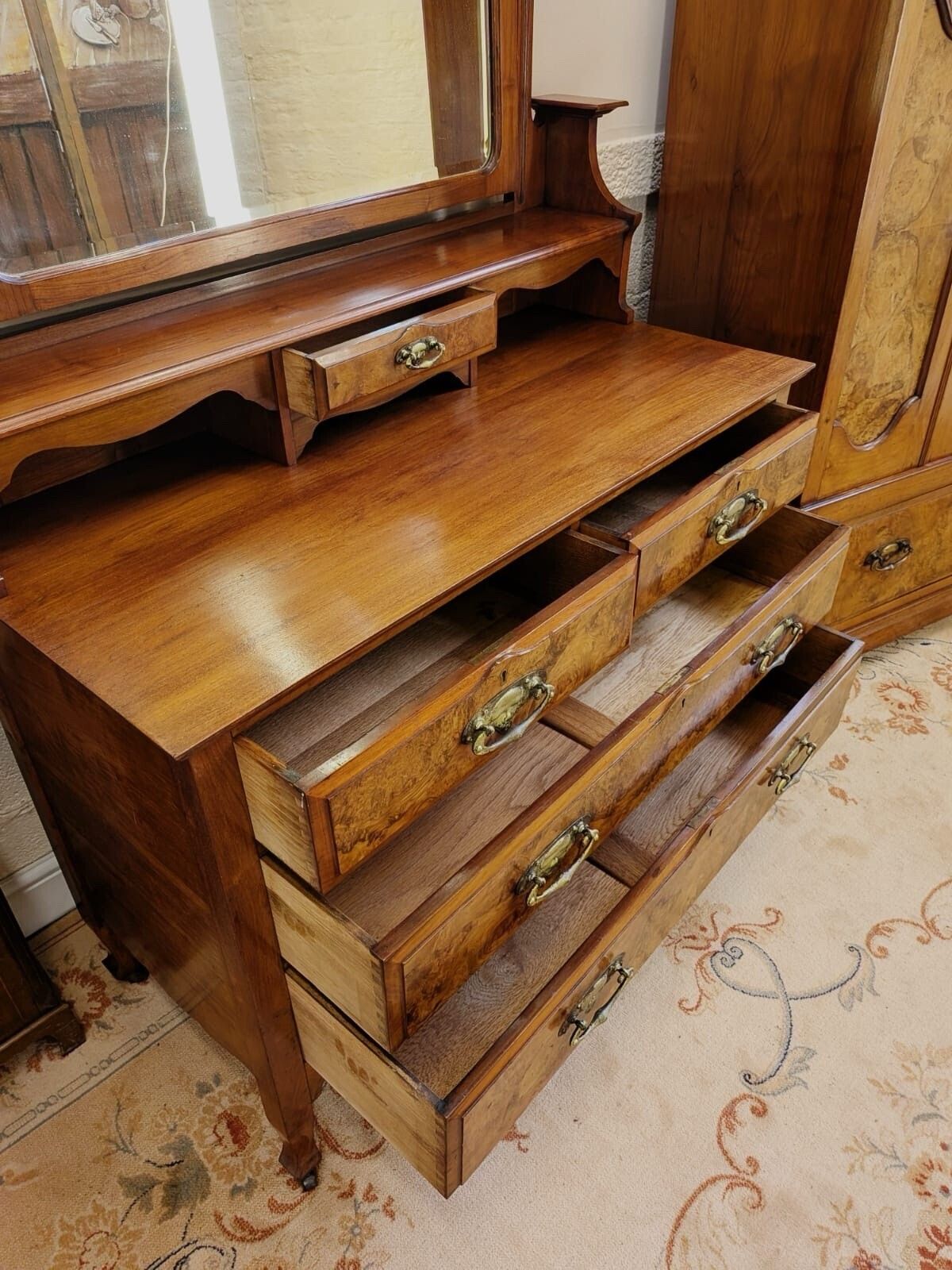 Elegant Edwardian Walnut & Burr Walnut Carved Wardrobe And Chest photo buy