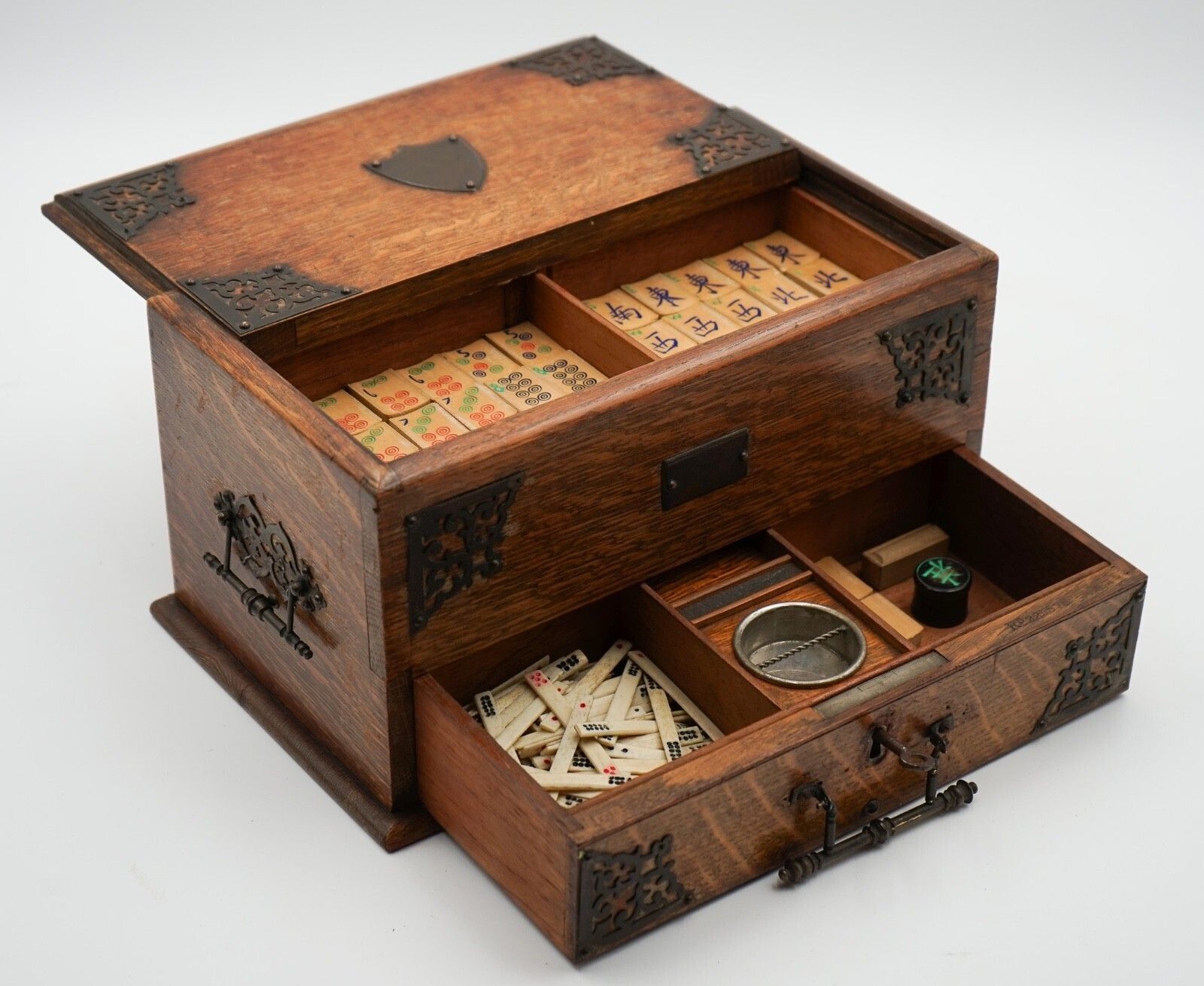 Antique Asian Oriental Mahjong Set Of 148 Tiles In Edwardian Oak Box photo furniture