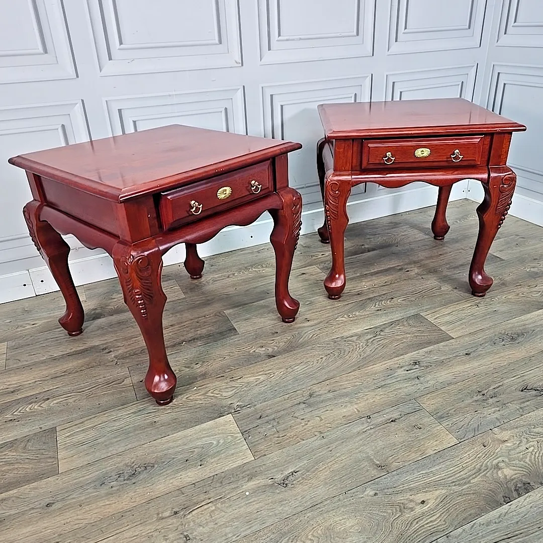 Antique Pair 2 Solid Wood Bedside End Lamp Tables Drawers Queen Anne   Mahogany