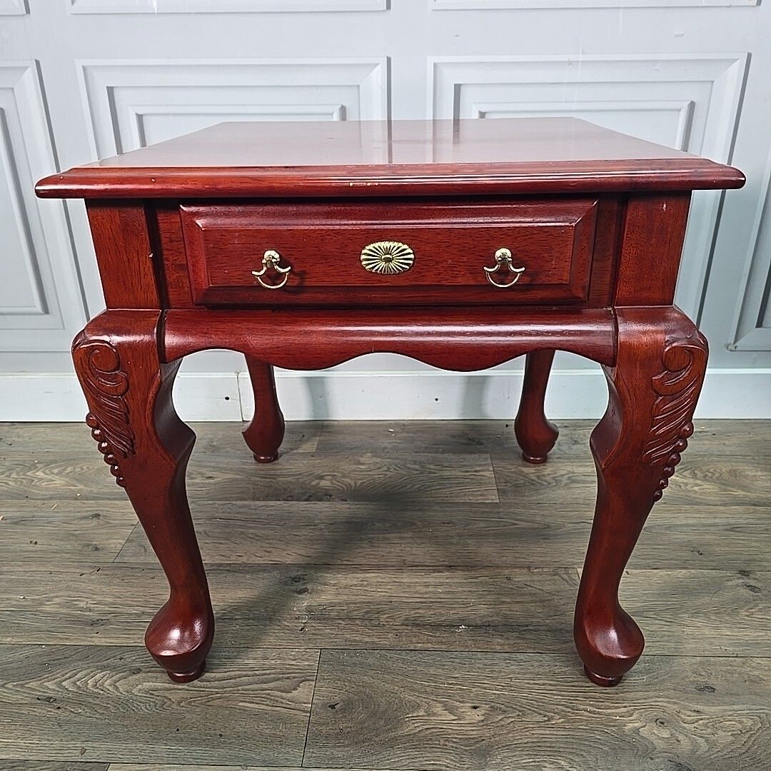 Antique Pair 2 Solid Wood Bedside End Lamp Tables Drawers Queen Anne   Mahogany photo vintage