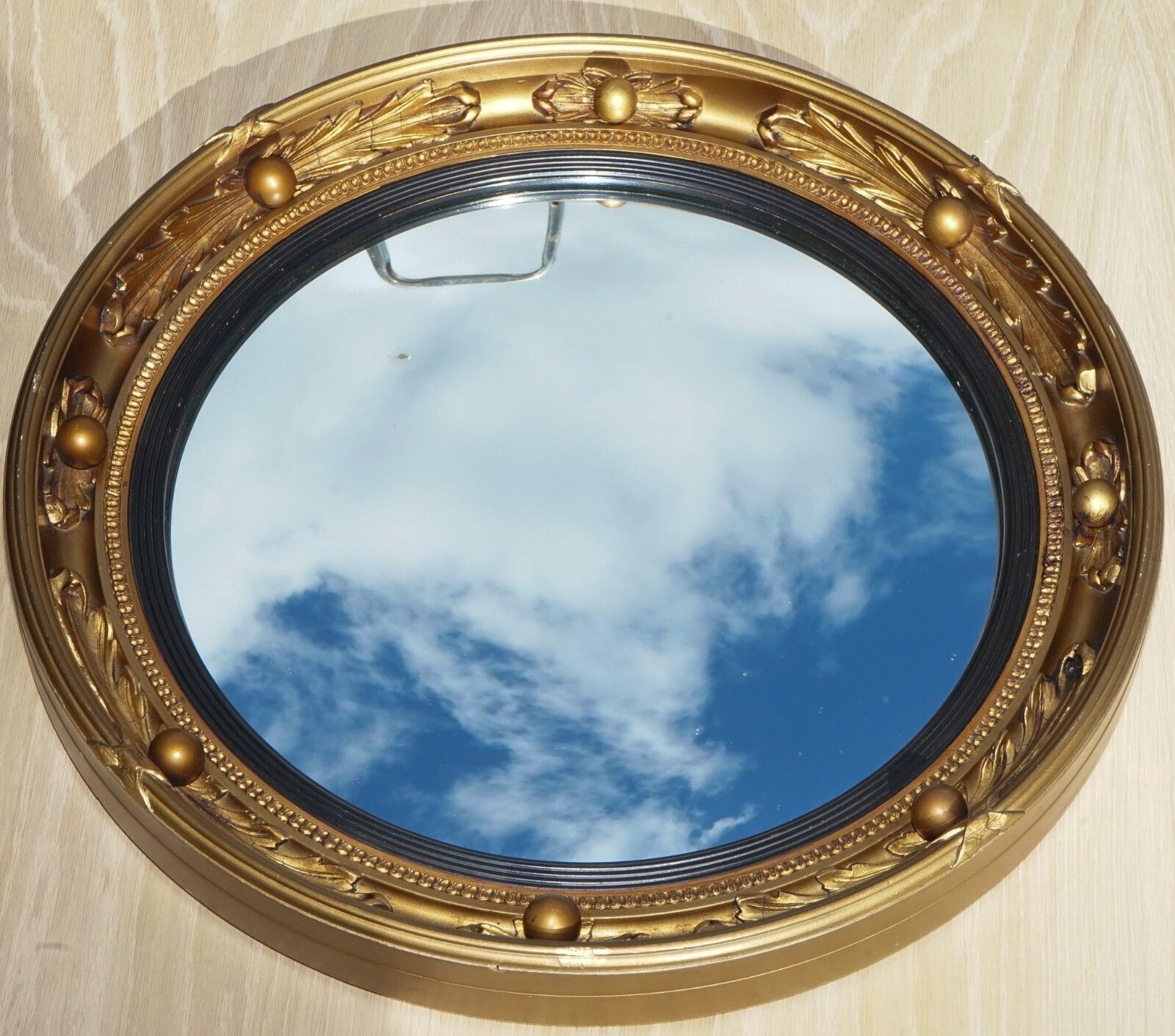 Antique Pair Of 1930's Atsonea Butlers Convex Gold Gilt Wood Wall Mirror photo vinterior