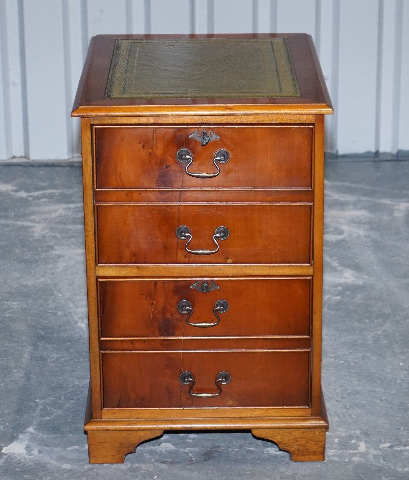 Vintage Yew Wood Filling Cabinet With Green Leather Top And Two Drawers (2) photo for sale