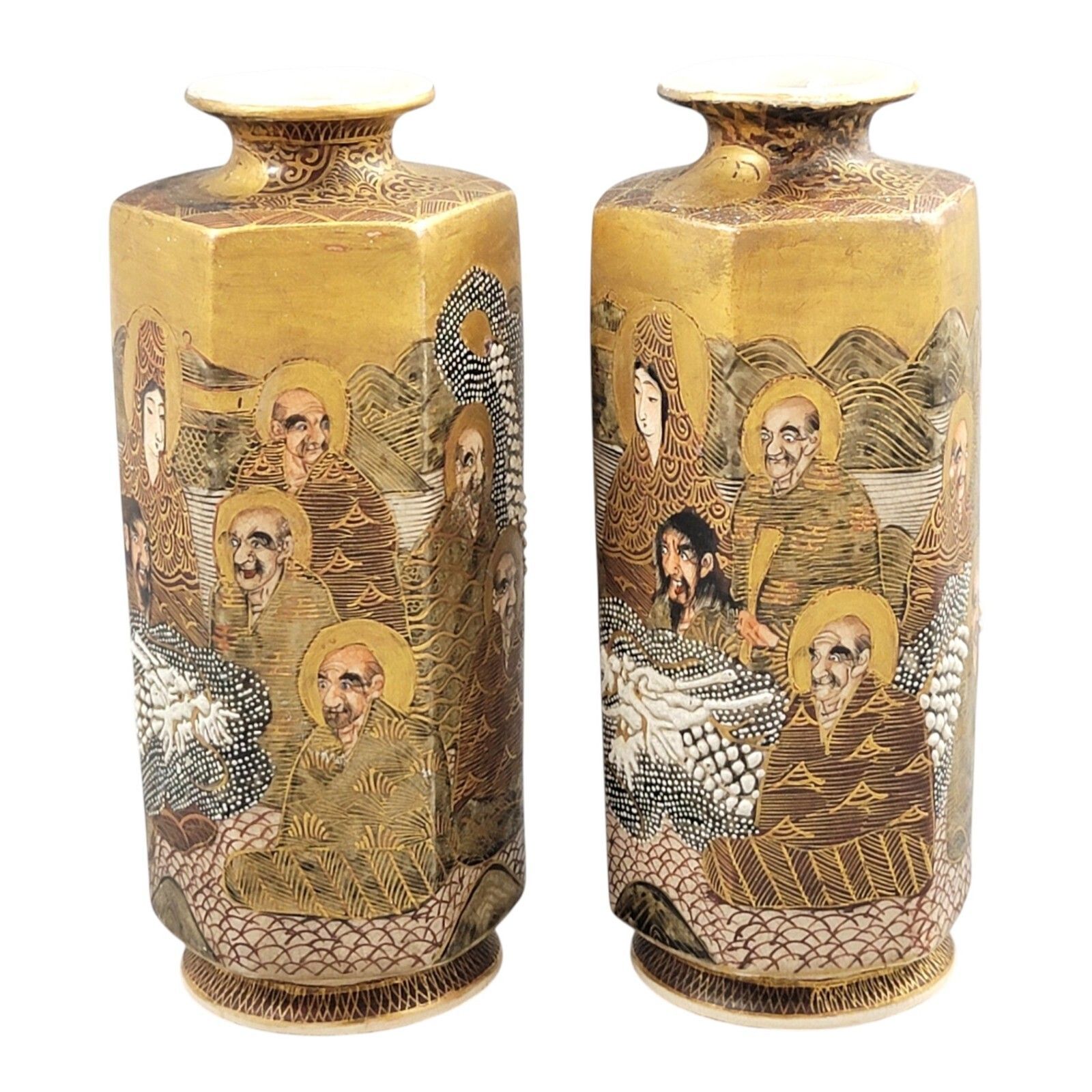 Pair Japanese Satsuma Ceramic Hexagonal Vases Rakan Dragon Moriage Meiji Taisho photo furniture