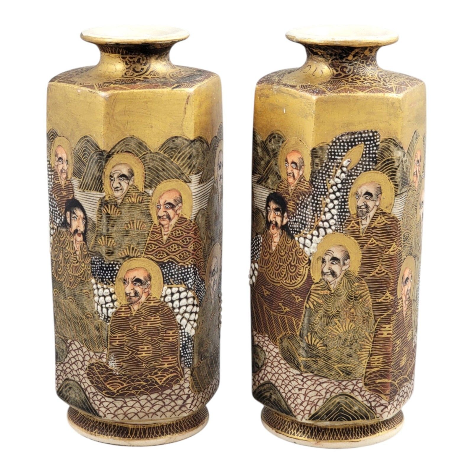 Pair Japanese Satsuma Ceramic Hexagonal Vases Rakan Dragon Moriage Meiji Taisho photo 900.0