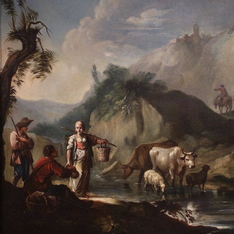 Great 18th Century Italian Painting, Landscape With Genre Scene photo for sale