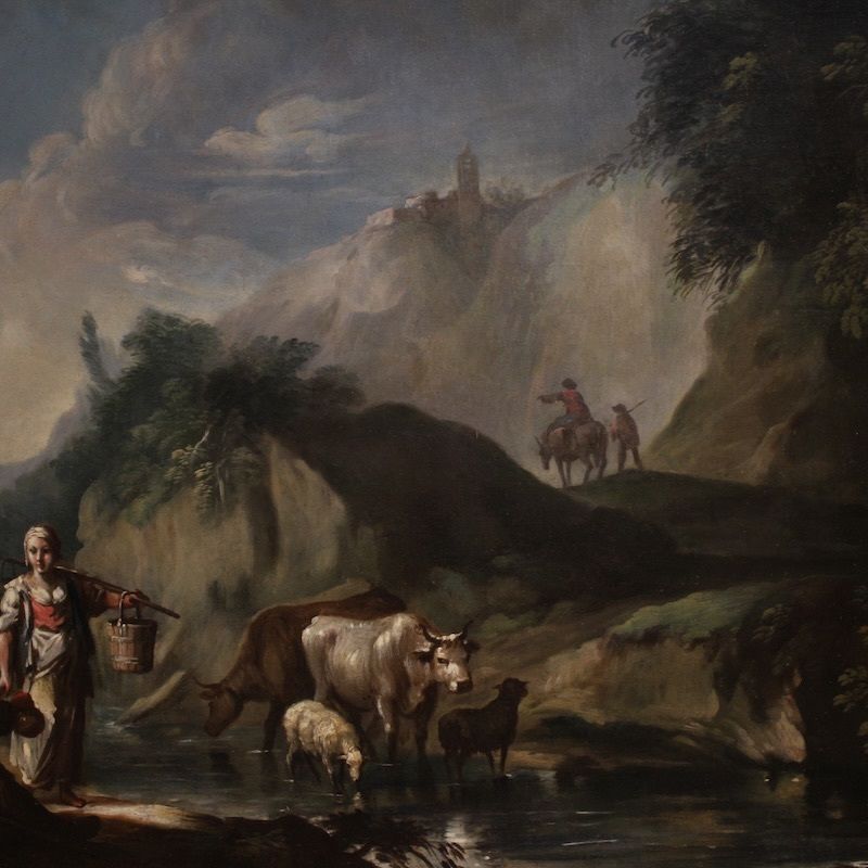 Great 18th Century Italian Painting, Landscape With Genre Scene photo 6550.0