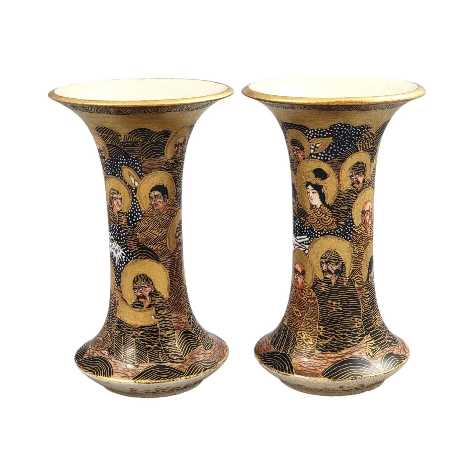 Pair Japanese Satsuma Porcelain Hododa Vases Dragon Rakan Moriage Meiji Period photo furniture