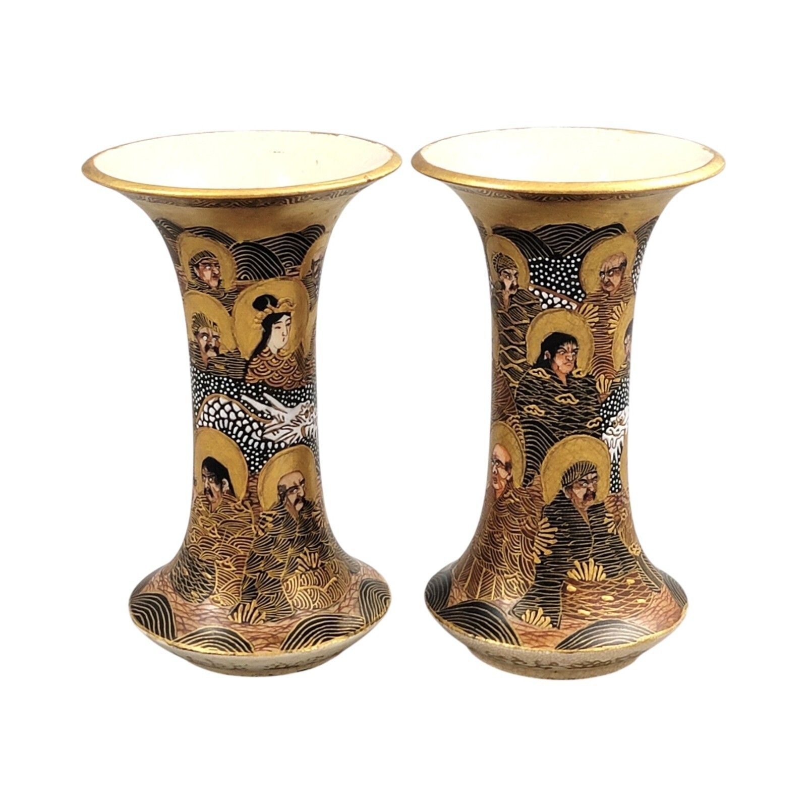 Pair Japanese Satsuma Porcelain Hododa Vases Dragon Rakan Moriage Meiji Period photo 1000.0