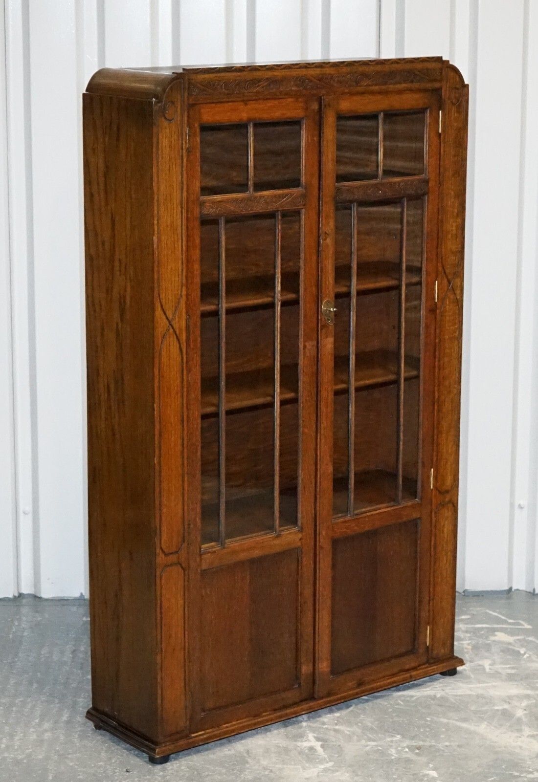 Antique Circa 1920's English Oak Art Deco Carved Bookcase Cabinet photo furniture