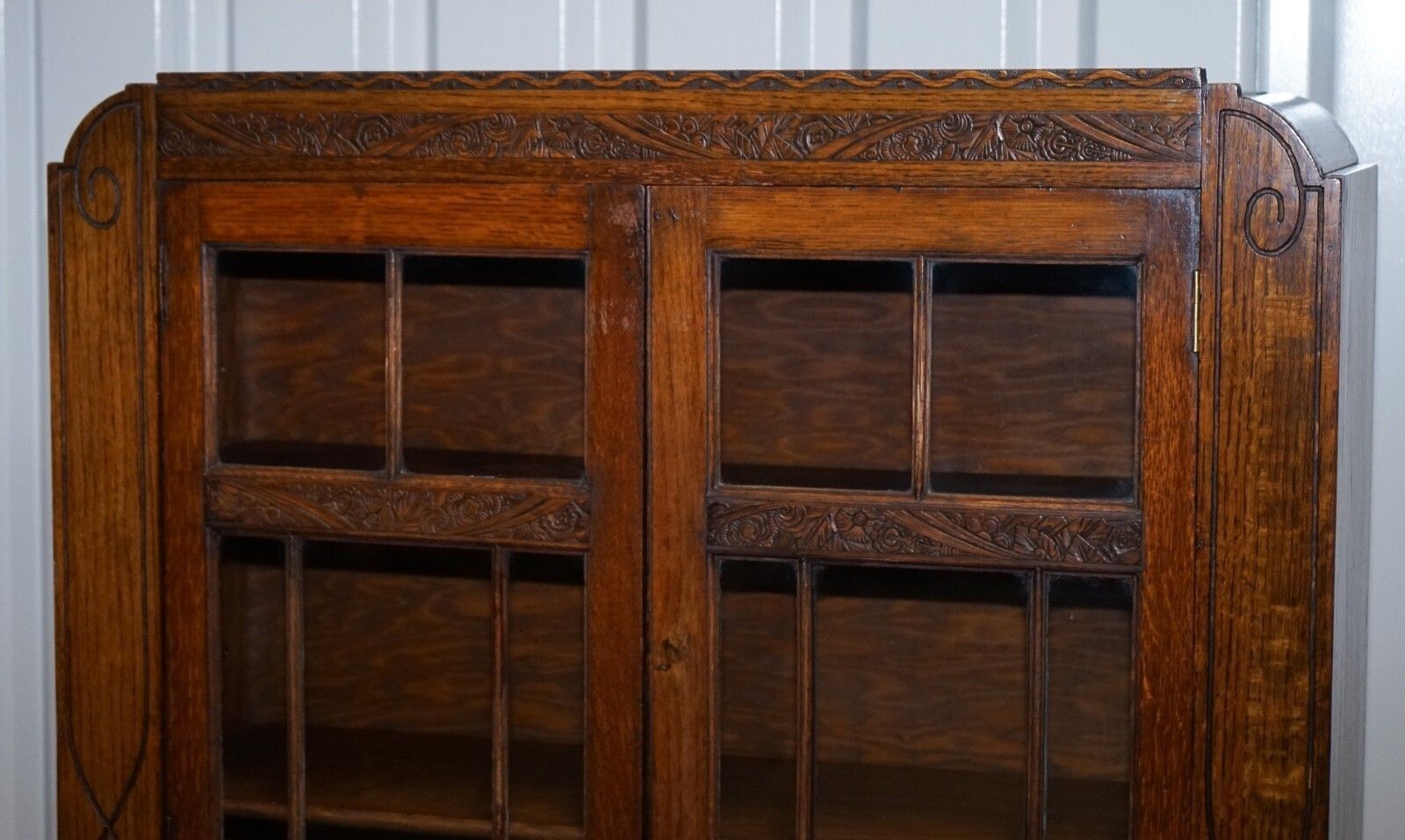 Antique Circa 1920's English Oak Art Deco Carved Bookcase Cabinet photo vinterior
