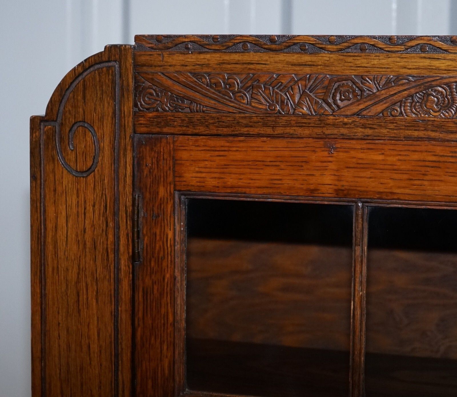 Antique Circa 1920's English Oak Art Deco Carved Bookcase Cabinet photo buy