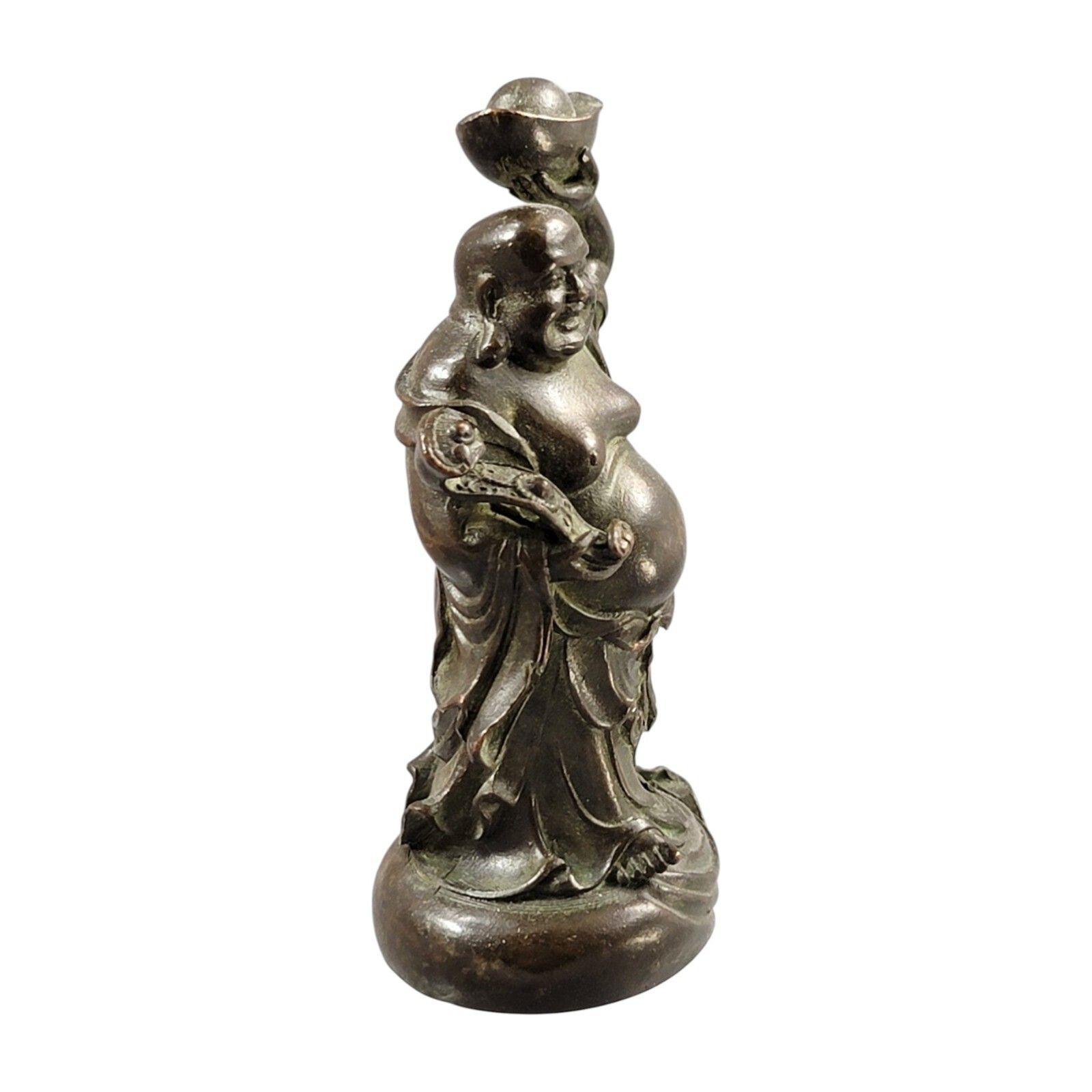 Antique Chinese Small Bronze Figure Of Budai With Yuanbao And Ruyi, C. 1900 photo vinterior