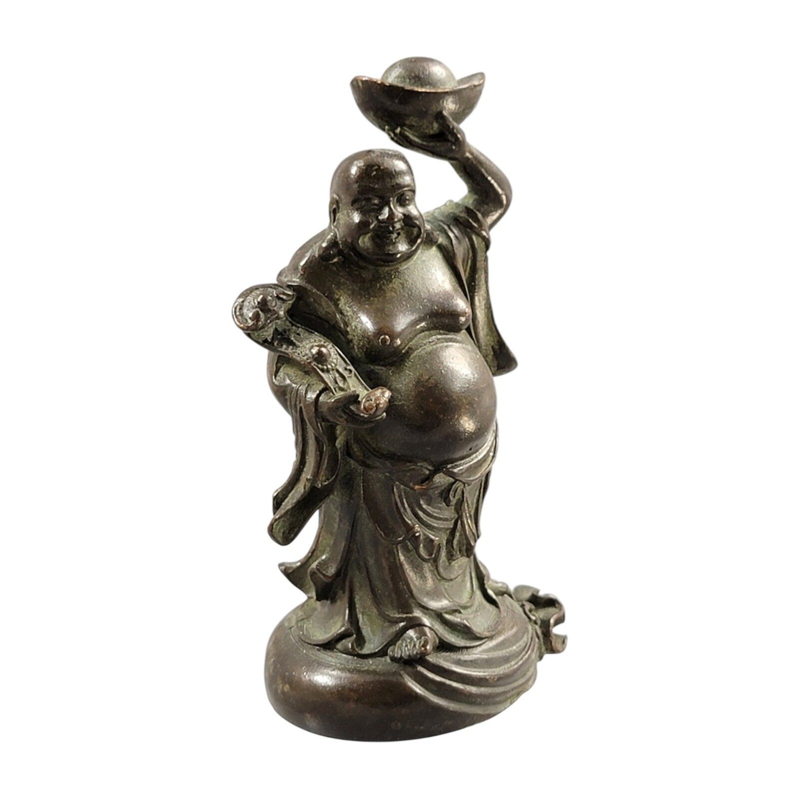 Antique Chinese Small Bronze Figure Of Budai With Yuanbao And Ruyi, C. 1900 photo buy