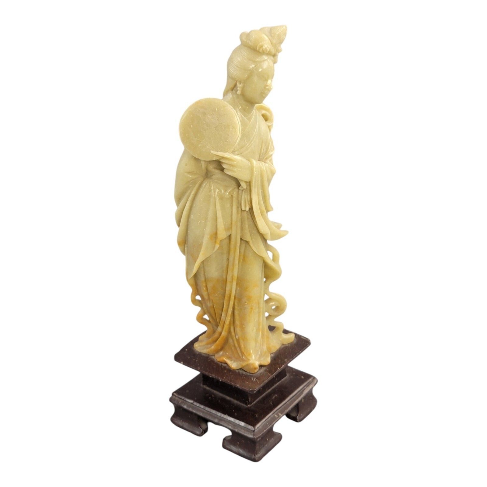 Antique Chinese Soapstone Figure Of Guanyin Holding A Round Fan, C. 1910 photo furniture