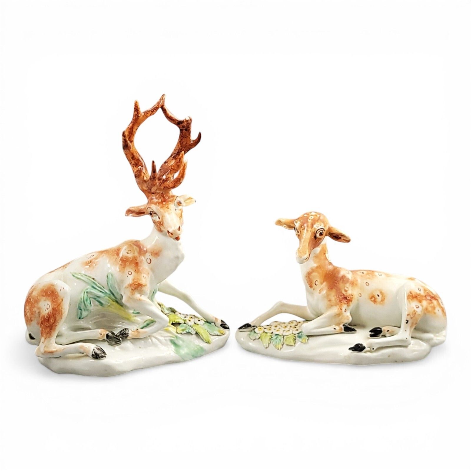 18th Century Derby Porcelain Manufactory Pair Recumbent Deer Stag Doe C.1765