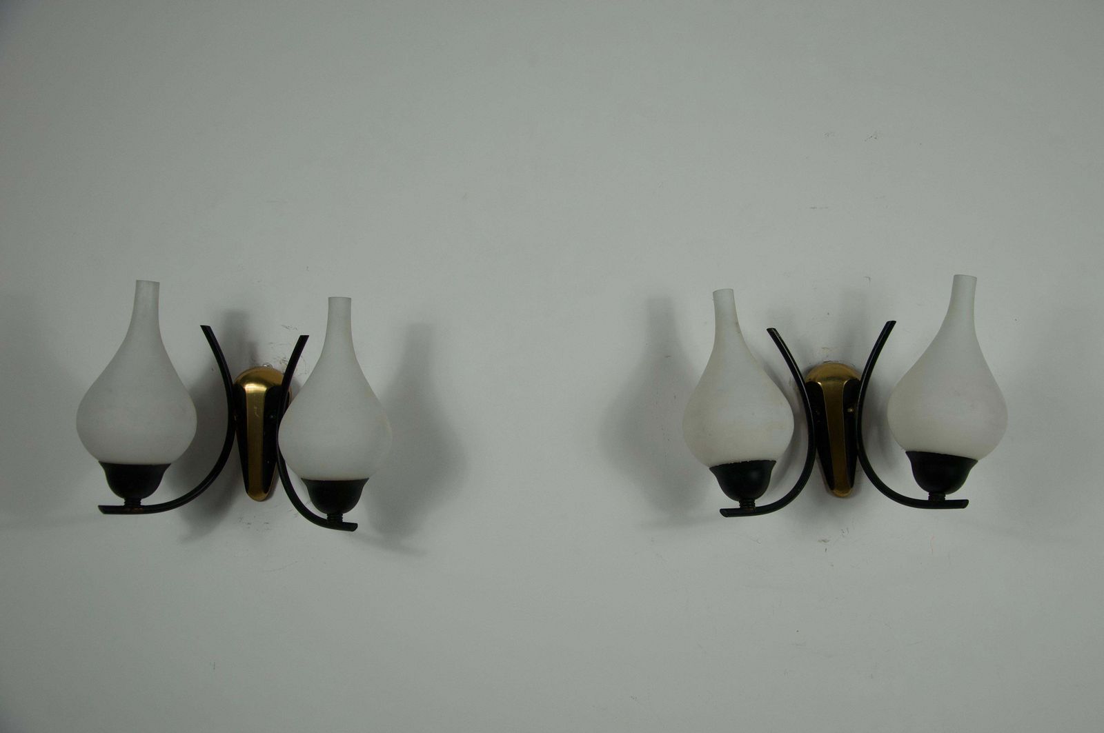 Mid Century Brass And Opaline Wall Lamps, Italy, 1960s photo for sale