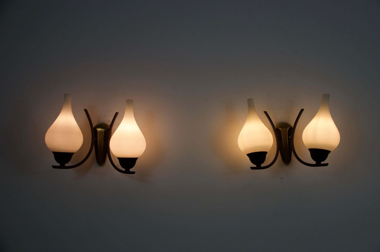photo furniture Mid Century Brass And Opaline Wall Lamps, Italy, 1960s