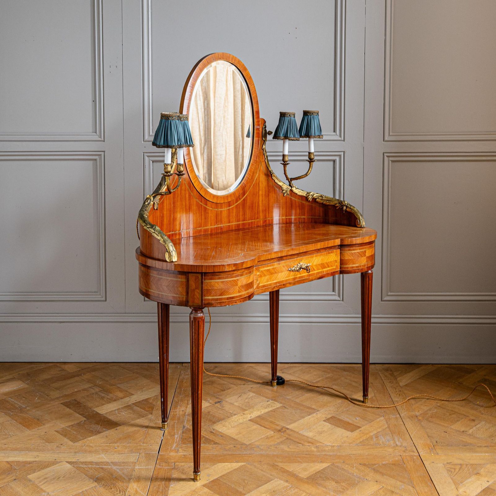 French Louis XVI Style Marquetry Dressing Table With Ormolu Lights, Belle époque photo for sale