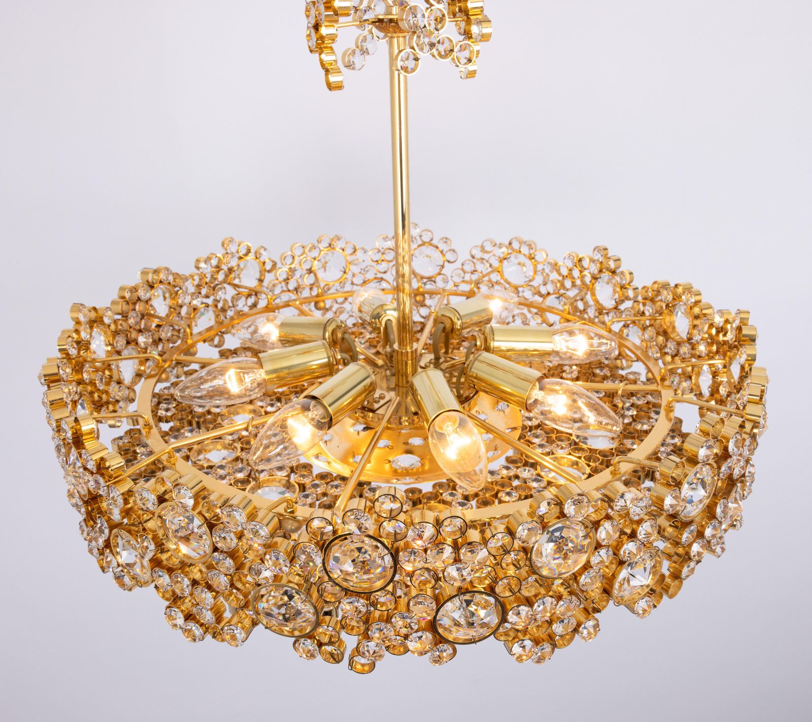 Lighting Gilt Brass And Crystal Glass Encrusted Chandeliers By Palwa, Germany, 1970s photo