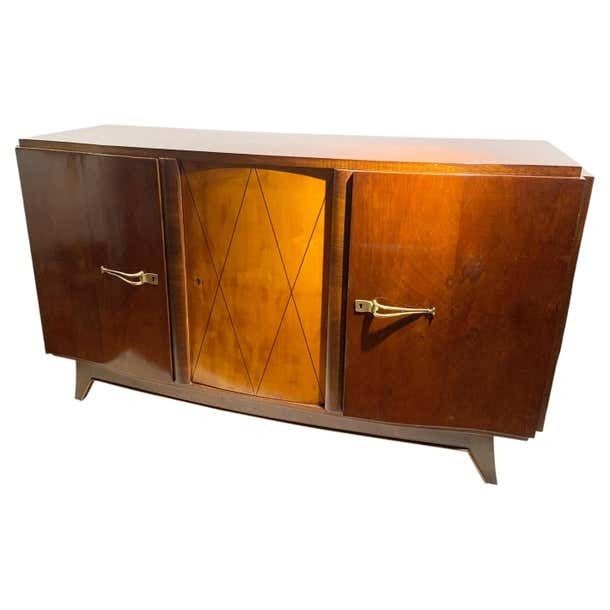 Mid Century French Art Deco Sideboard With Diamond Marquetry And Brass Details