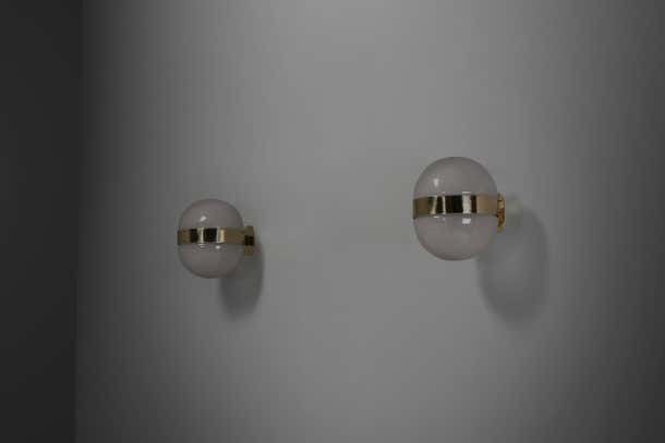 Set Of Two Brass And Opaline Glass ‘Clio’ Sconces By Sergio Mazza For Artemide photo furniture