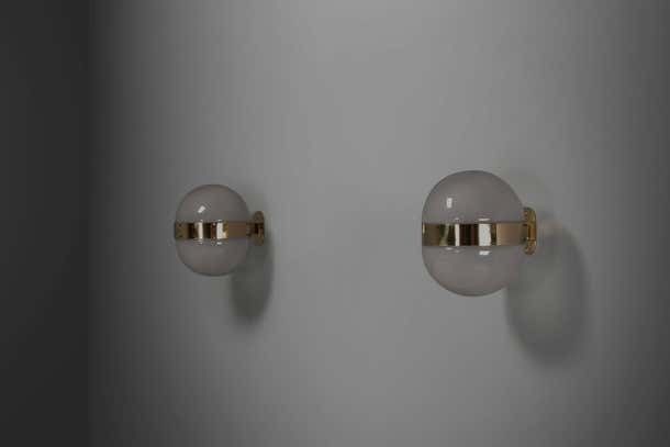 Set Of Two Brass And Opaline Glass ‘Clio’ Sconces By Sergio Mazza For Artemide photo for sale