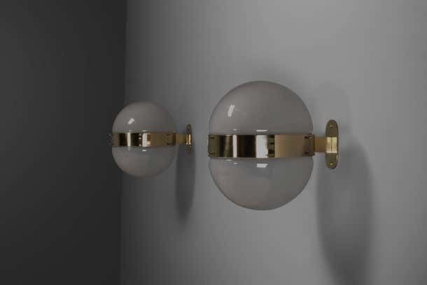 Set Of Two Brass And Opaline Glass ‘Clio’ Sconces By Sergio Mazza For Artemide photo Lighting