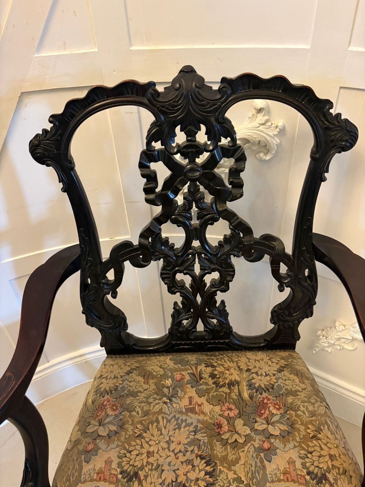 Antique Exceptional Carved Mahogany Chippendale Style Ribbon Back Office Chair photo furniture