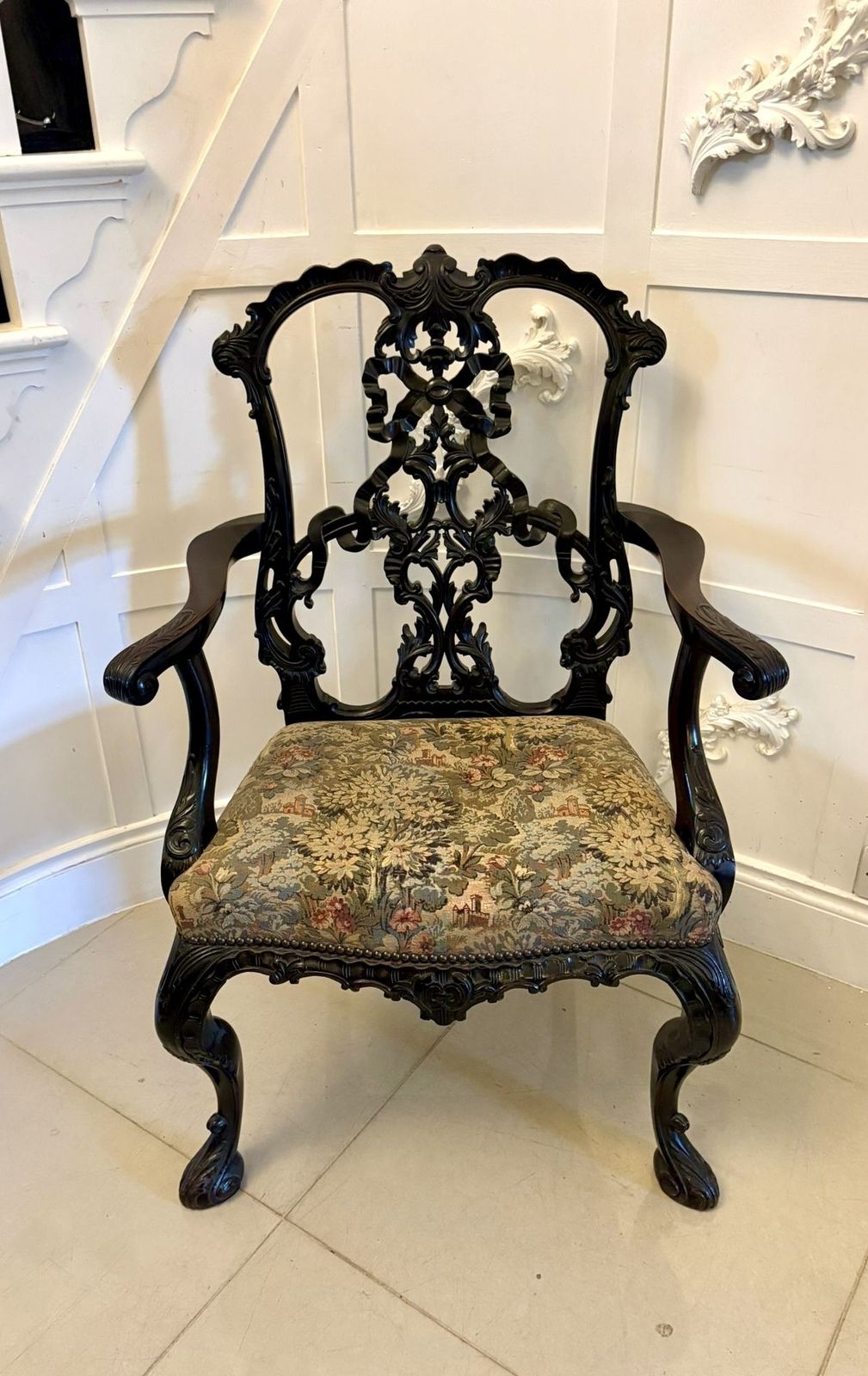 Antique Exceptional Carved Mahogany Chippendale Style Ribbon Back Office Chair