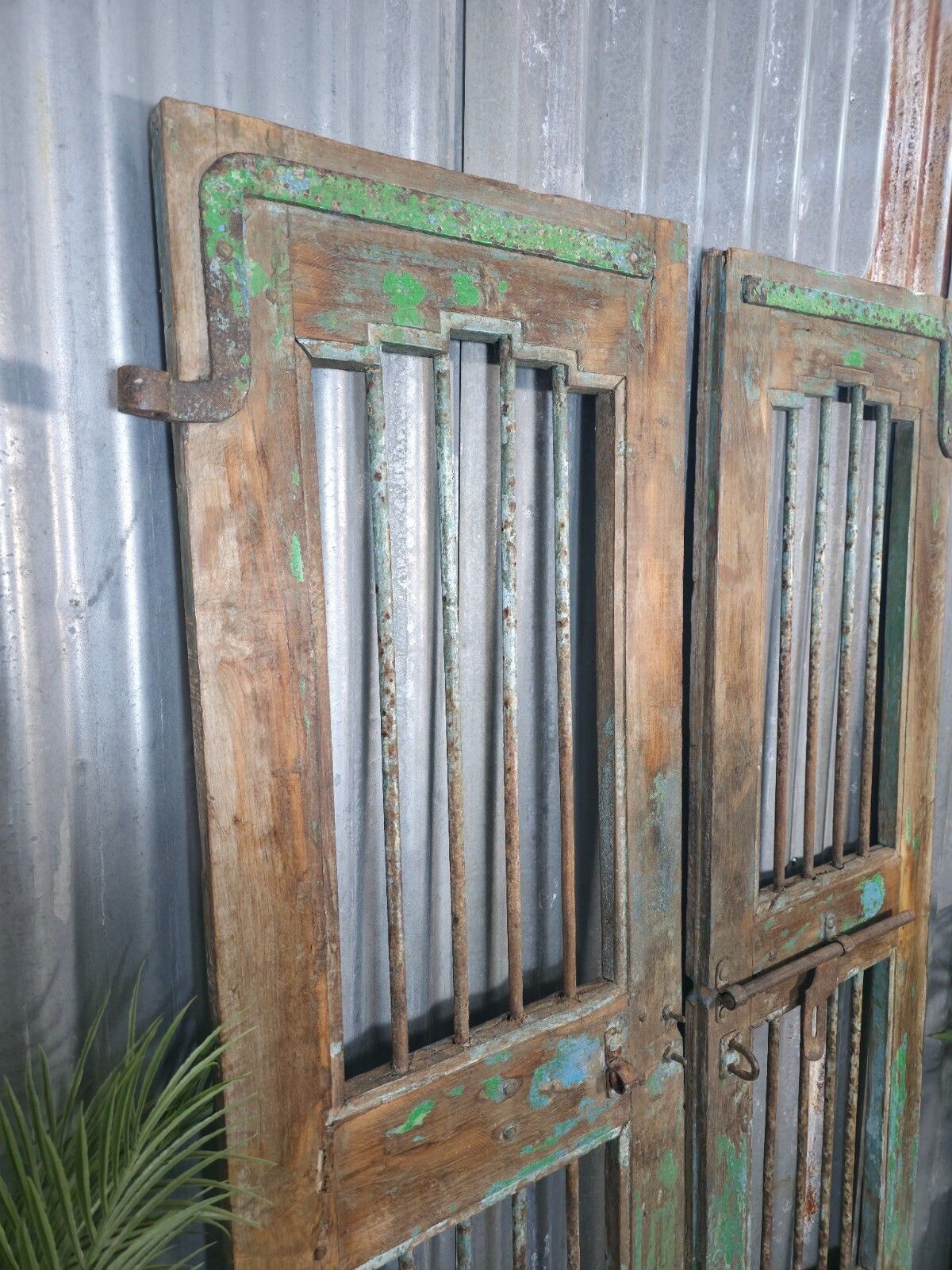 Home Fixtures Pair Vintage Rustic Indian Wooden Iron Doors Garden Gates Room Divider Screen photo